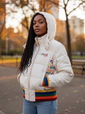 COOGI Cream Puffer Jacket/Vest with Multicolor Stripe Trim